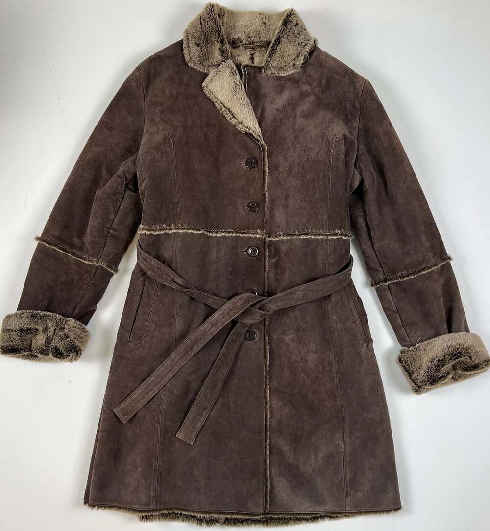 Brandon Thomas Brown Suede Leather Coat With Faux Fur Collar And Belt